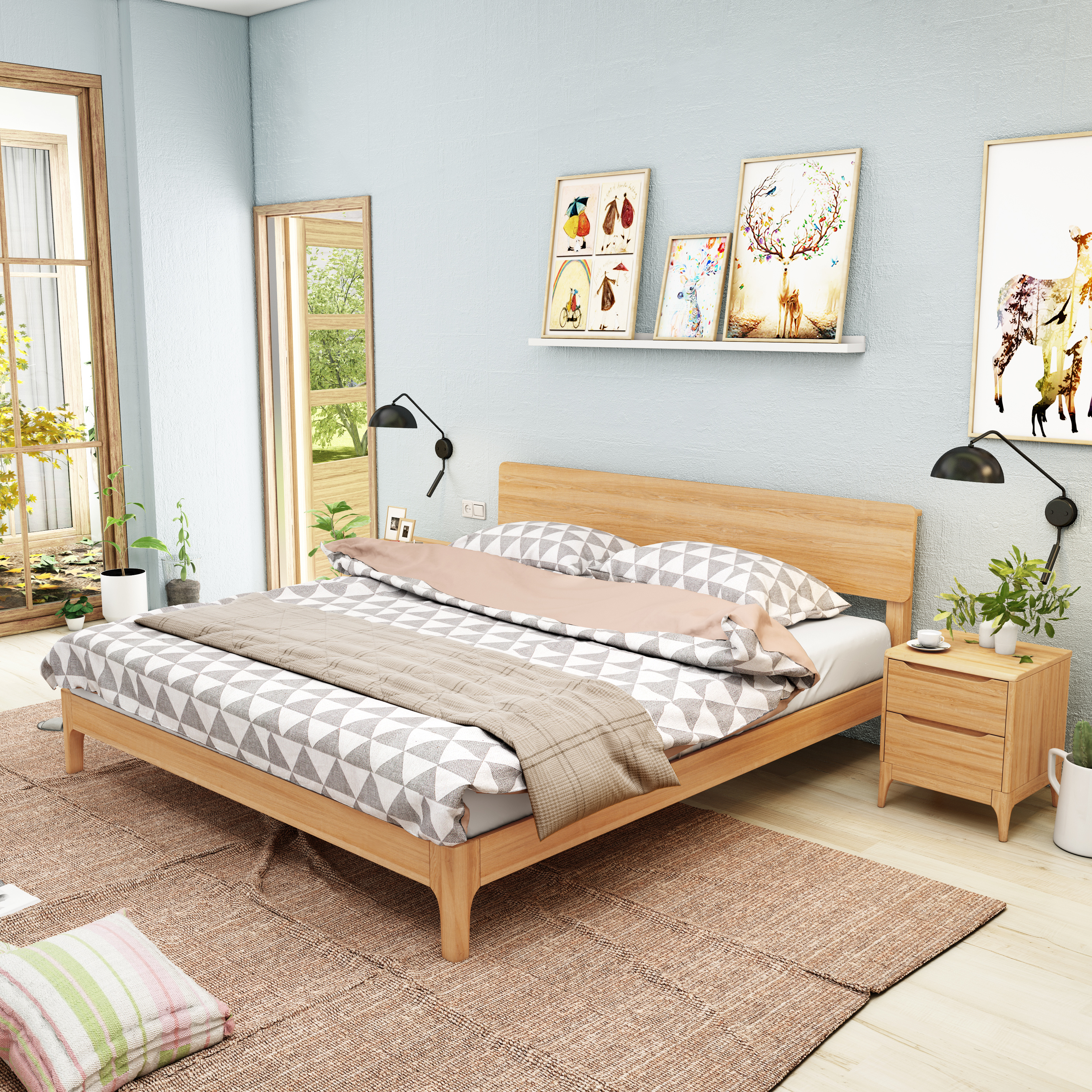 《卧室晨光》 北欧风实木床的3D设计美学与卧室空间重构